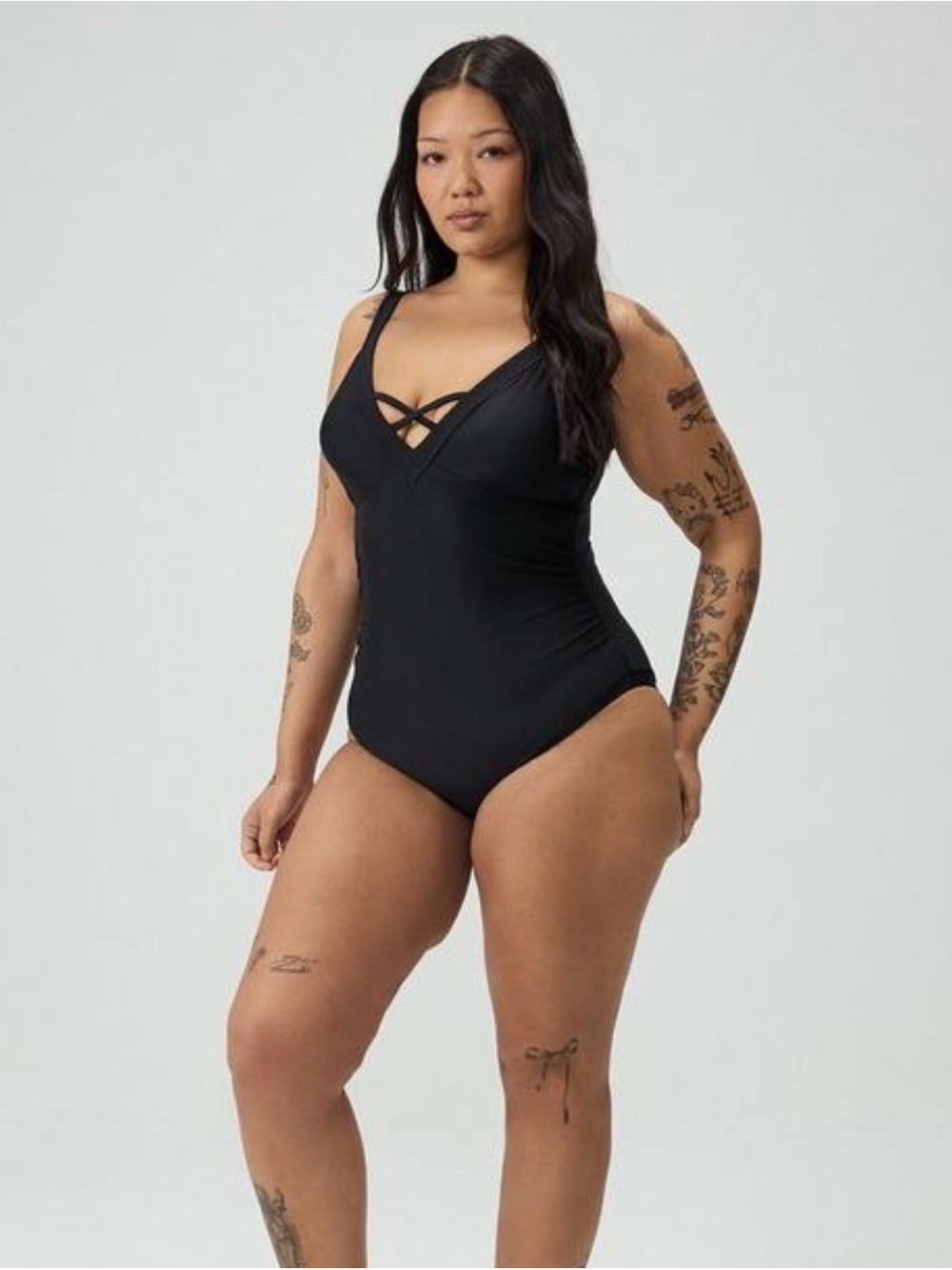 TORRID Women’s Black One-Piece Swimsuit with V-Neck and Cross-Strap Detail